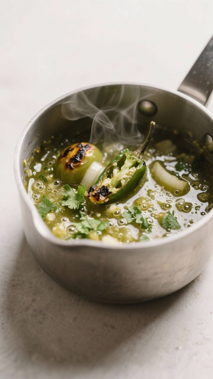 Close-up detail: Roasted tomatillo salsa verde mid-simmer in a small stainless pot, glossy bubbles b
