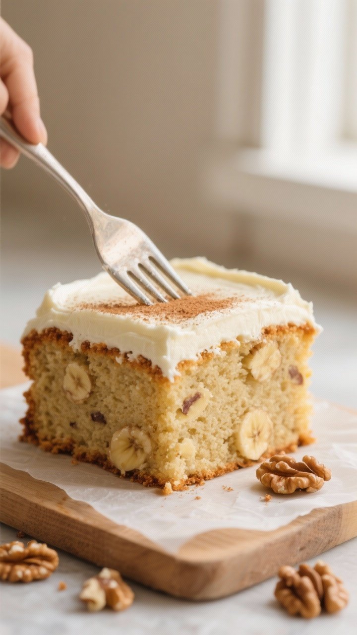 Close-up detail shot of a freshly baked banana cake square with cream cheese frosting, showing a sup