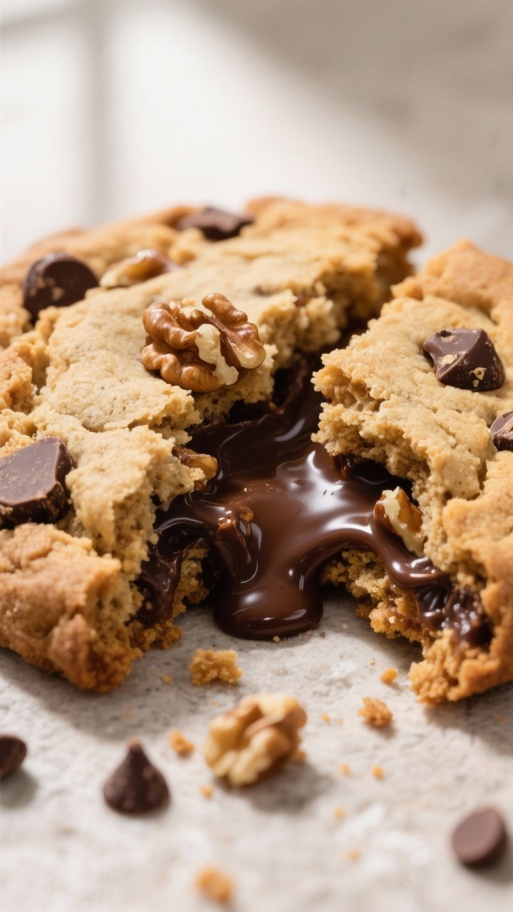 Close-up detail shot of a freshly baked Levain-style chocolate chip cookie torn open to reveal a mol