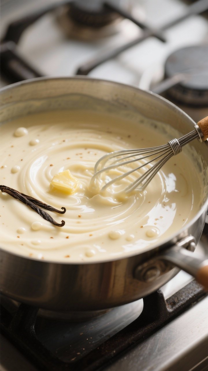 Close-up detail: Silky vanilla pastry cream just finished cooking in a saucepan, thick pudding-like 