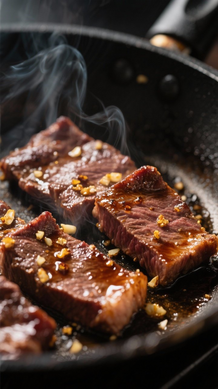 Close-up detail: Sizzling beef tapa slices searing in a skillet, edges caramelized and glistening wi