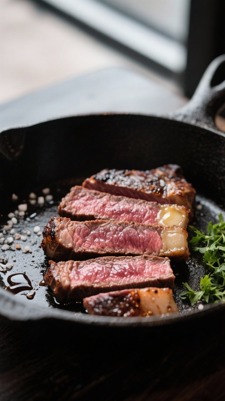 Close-up detail: Sliced medium-rare strip steak just rested and sliced against the grain, showing a 