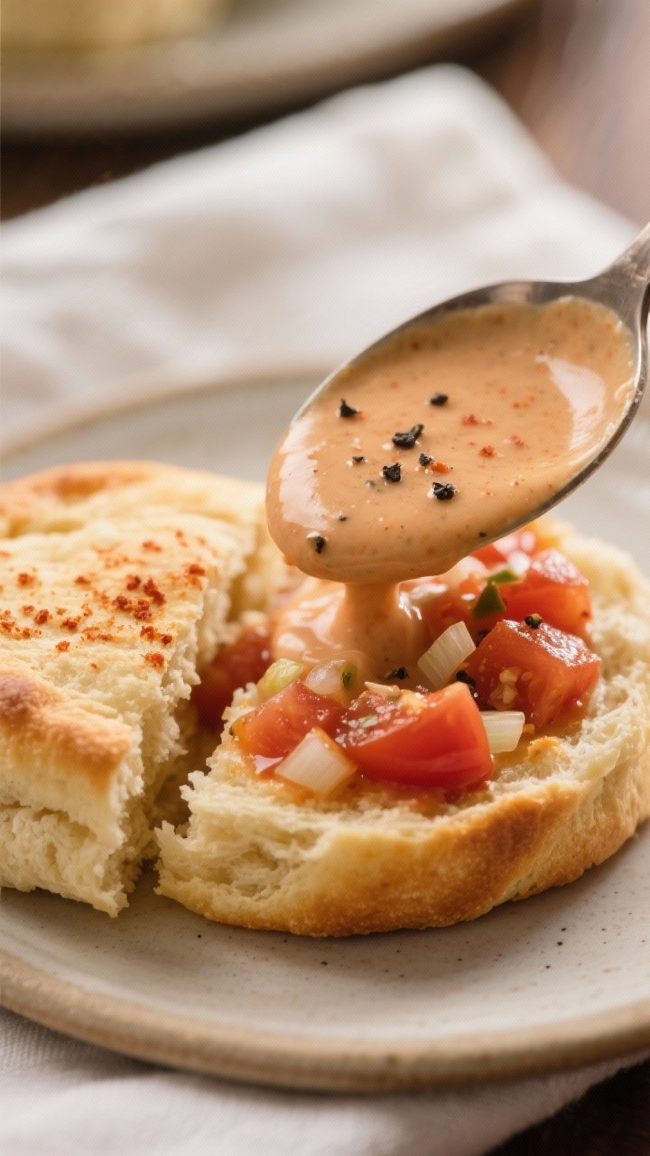 Close-up detail: Spoonful of creamy Southern tomato gravy being ladled over a split warm buttermilk 