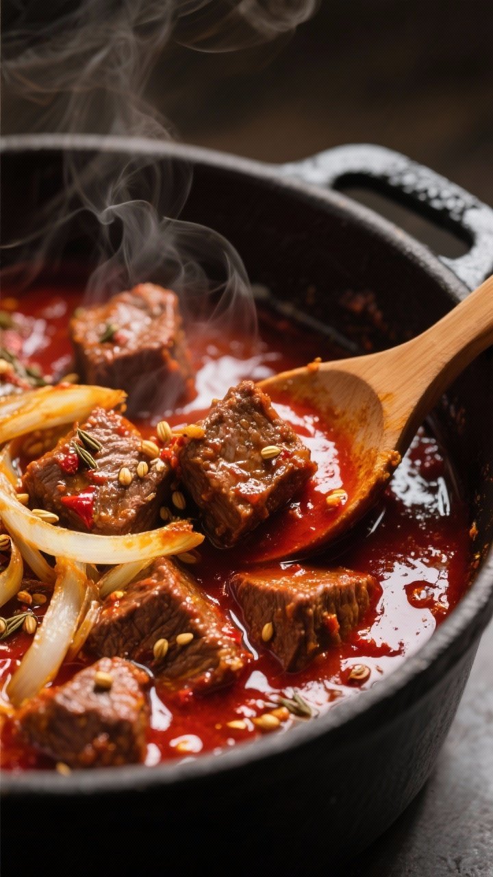 Close-up detail: Tender beef vindaloo cubes simmering in a glossy, chili-red sauce with visible oil 