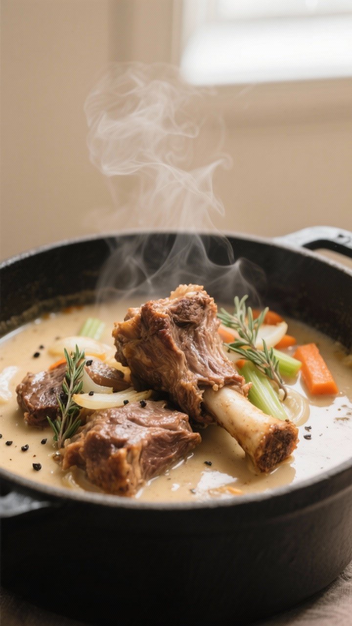 Close-up detail: Tender, browned lamb knuckles nestled in a silky reduced sauce, glistening with a l