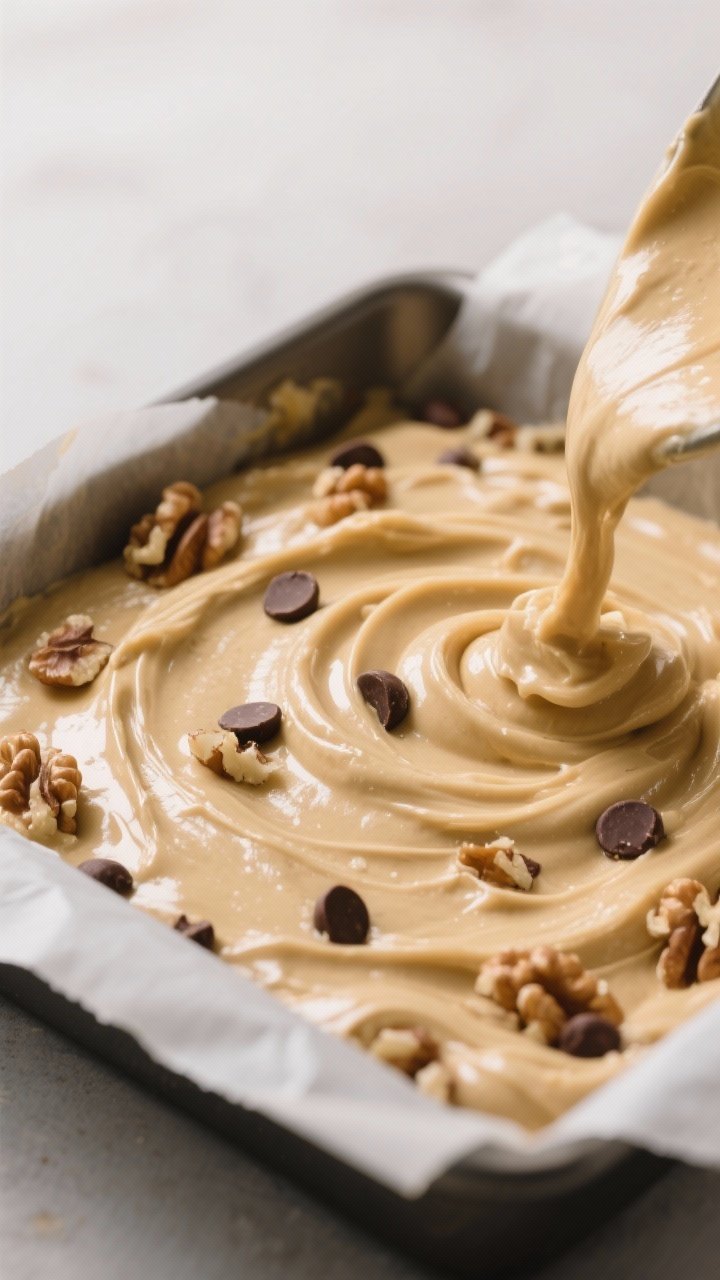 Close-up detail: Thick blondie batter being smoothed into a parchment-lined 8-inch square pan, gloss