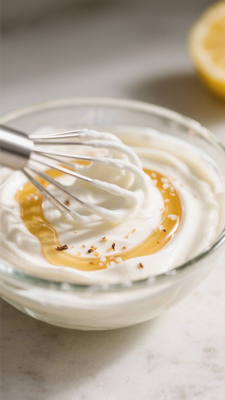 Close-up detail: Thick, creamy Greek yogurt fruit dip being whisked until silky-smooth in a glass mi