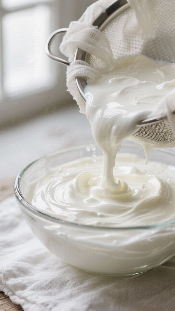 Close-up detail: Thick, freshly strained Greek-style yogurt cascading from a cheesecloth-lined sieve