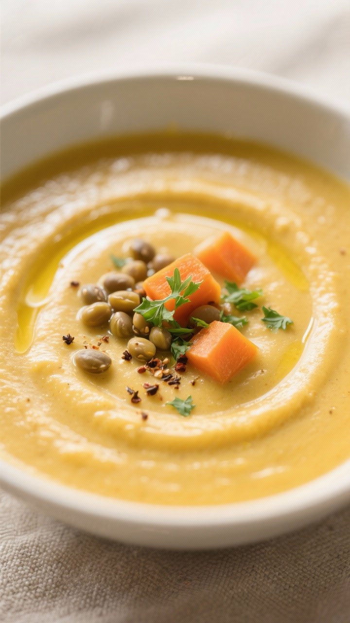 Close-up detail: Ultra-close shot of the soup just after partial blending, showing silky, creamy tex