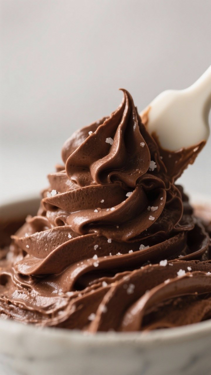 Close-up detail: Ultra-fluffy whipped chocolate buttercream just finished whipping in a mixing bowl,