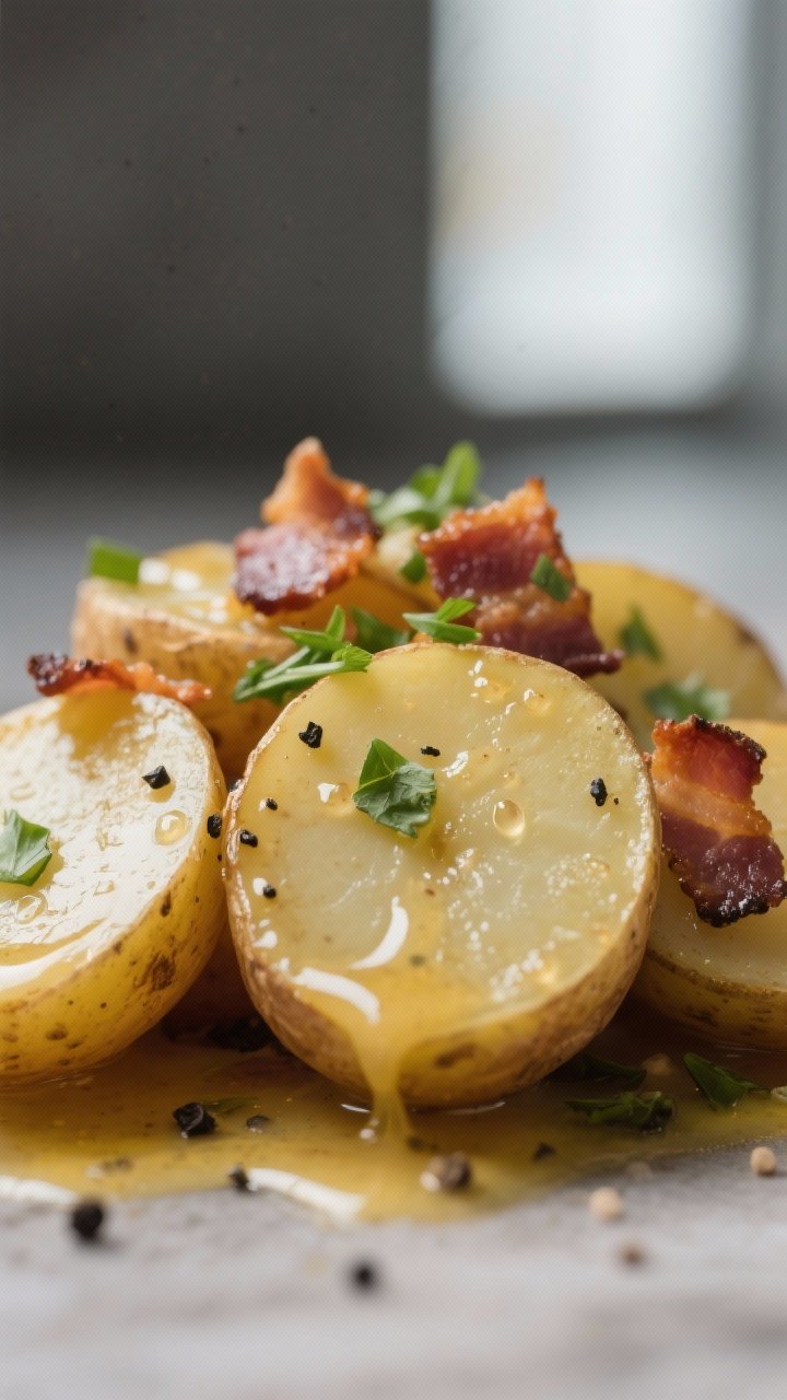 Close-up detail: Warm sliced Yukon Gold potato rounds just dressed, glossy and “thirsty,” soaked
