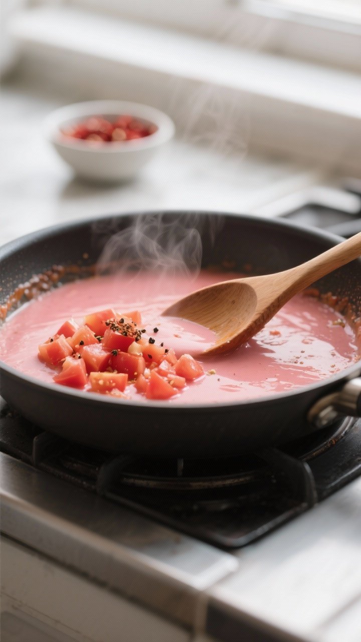 Cooking process: A medium skillet on the stovetop with tomato gravy gently simmering, silky and ligh