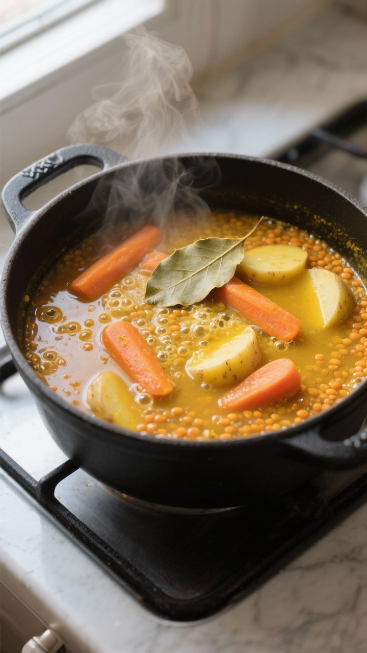 Cooking process: A wide, overhead shot of Lebanese red lentil soup simmering in a matte black Dutch 