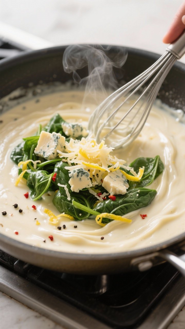 Cooking process: Alfredo sauce being built in the skillet—silky heavy cream whisked with freshly g