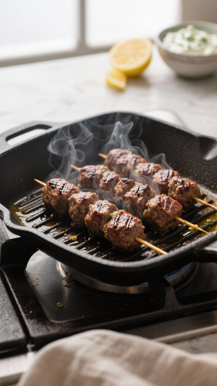 Cooking process: Beef kofta kebabs sizzling on a stovetop grill pan, visible grill marks forming as 