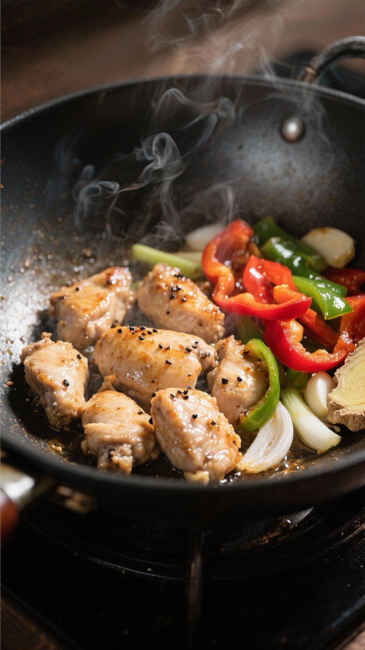 Cooking process: Black pepper chicken searing in a hot carbon-steel wok, glossy bite-size thigh piec