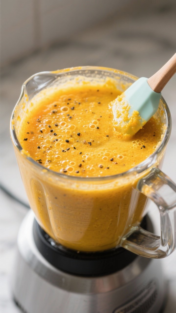 Cooking process: Blender jar filled with the blended ginger-citrus mixture right after blitzing—th