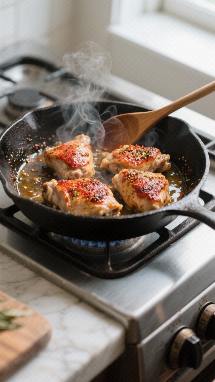 Cooking process: Cast-iron skillet of chicken thighs mid-sauté, seasoning added at the mid-cook sta
