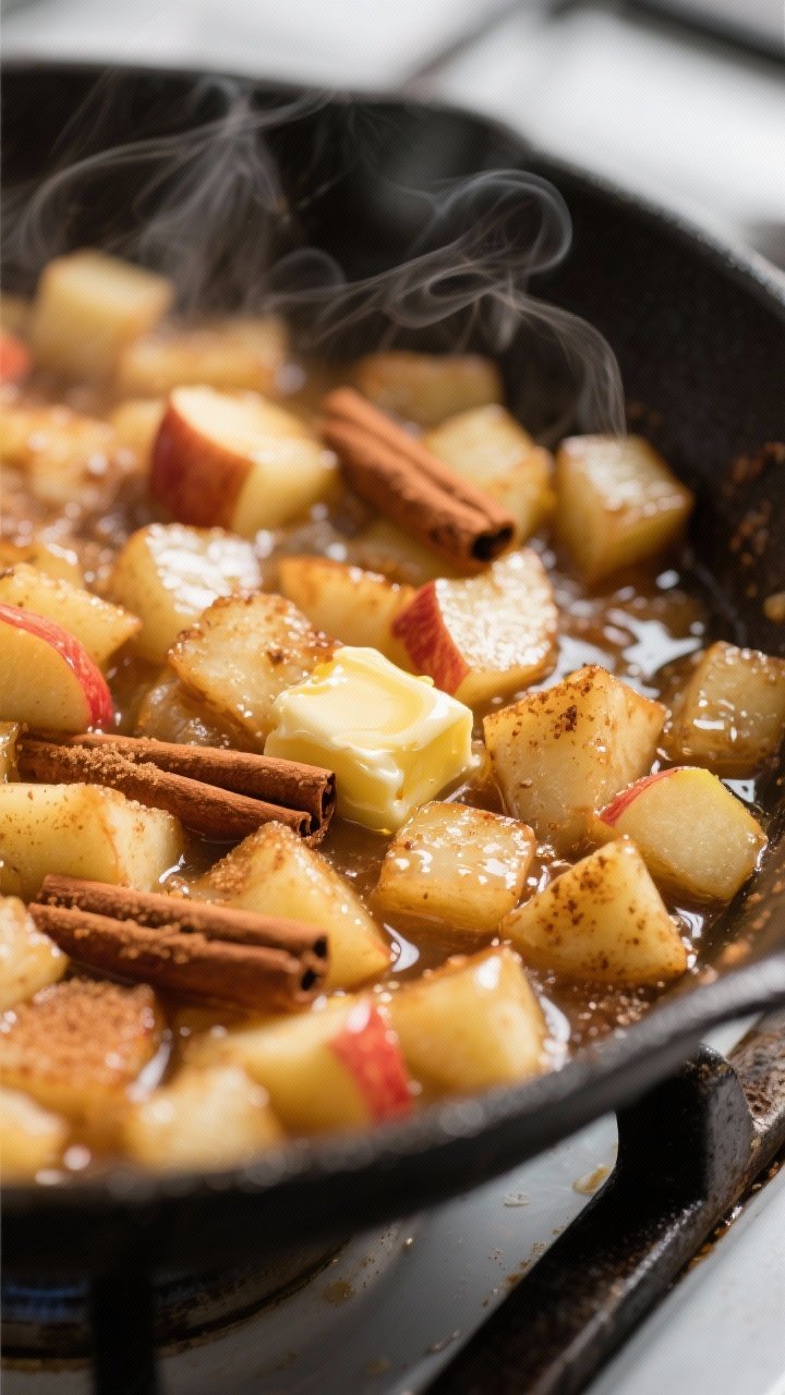 Cooking process close-up: Butter-cooked apple filling in a skillet, diced apples glistening with mel
