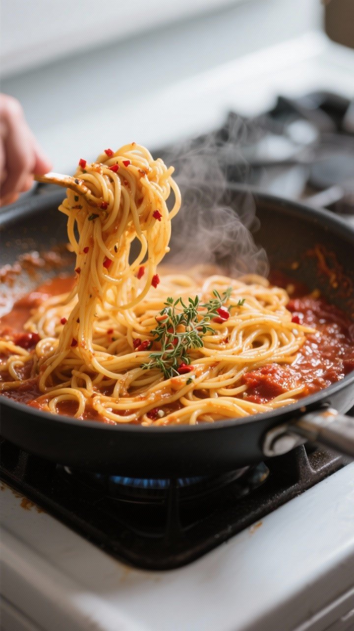 Cooking process close-up: Spaghetti finishing in a wide skillet as the marinara simmers, strands bei