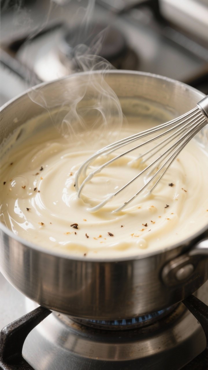 Cooking process close-up: Thick, silky vanilla pastry cream just reaching a gentle bubble in a stain