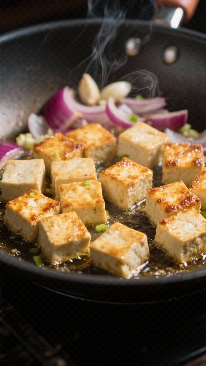 Cooking process: Extra-firm tofu cubes sizzling in a wok until golden on most sides, glossy from avo