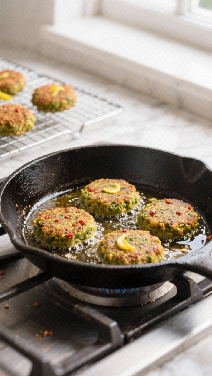 Cooking process: Falafel patties sizzling in a cast-iron skillet with a shallow 1/4-inch layer of sh