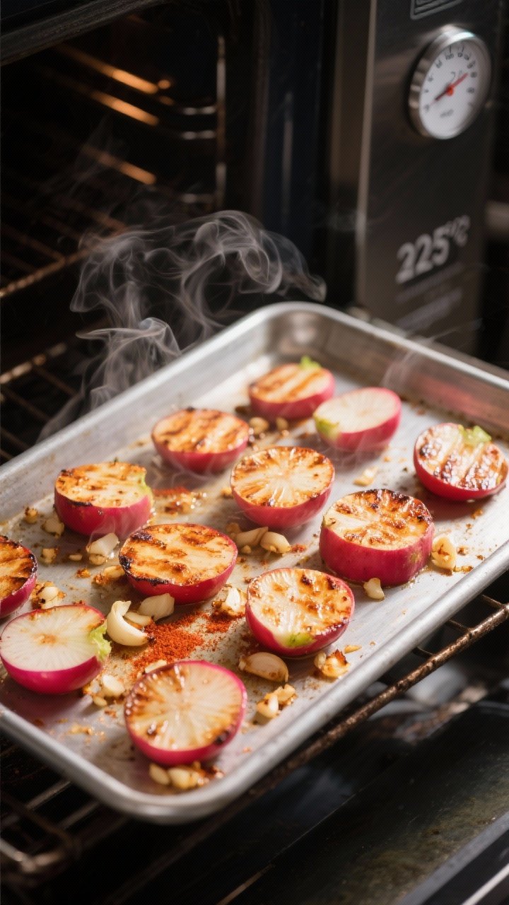 Cooking process focus: radishes mid-roast after the first flip on a preheated metal sheet pan, evenl
