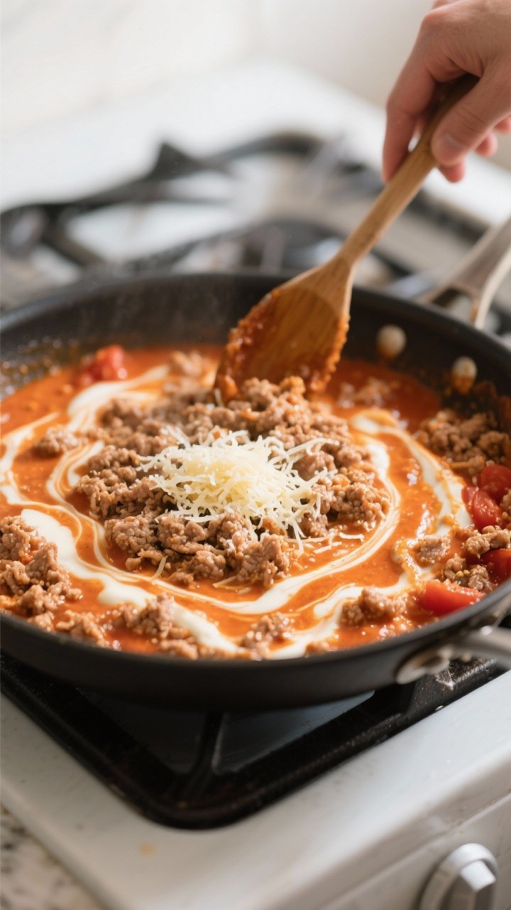 Cooking process: Ground turkey tomato-cream sauce simmering in a large skillet, lightly browned crum