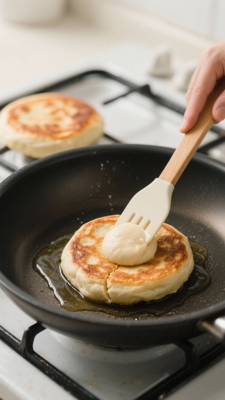 Cooking process: Hotteok in a nonstick skillet mid-press, spatula gently flattening a seam-side-down