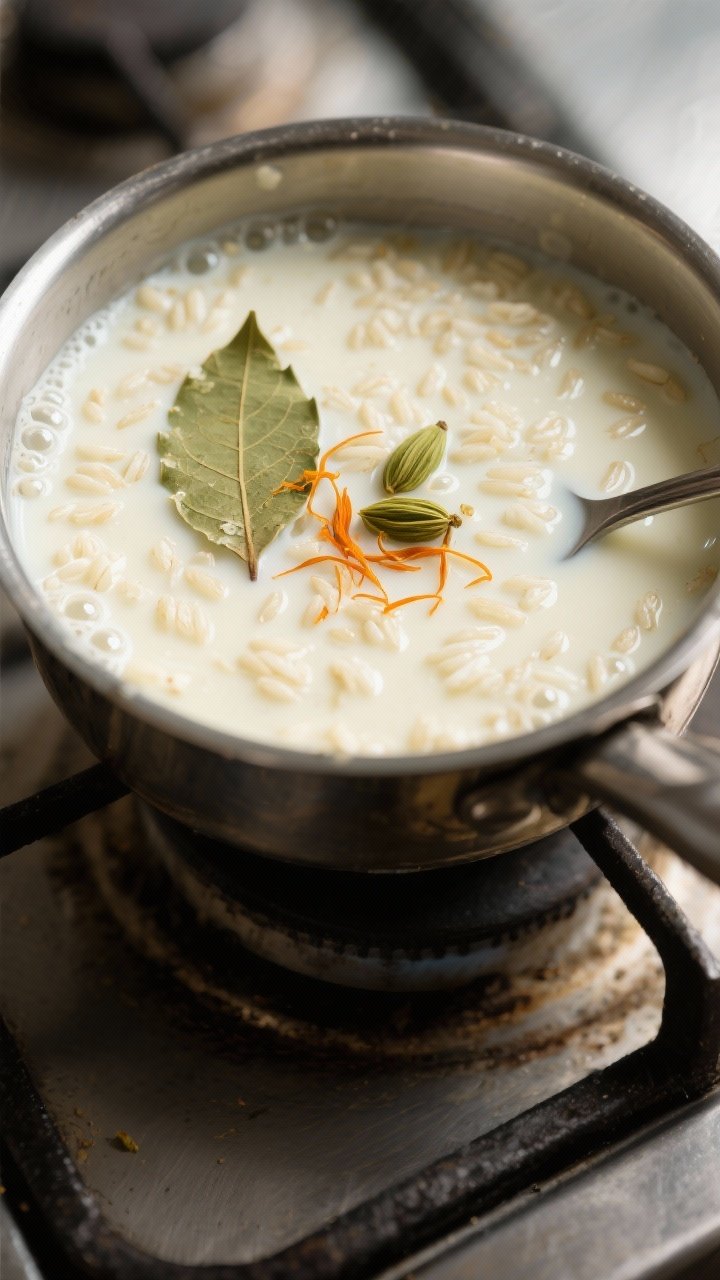 Cooking process: Kheer reducing in a heavy-bottomed pot, creamy milk thickened to a spoon-coating co