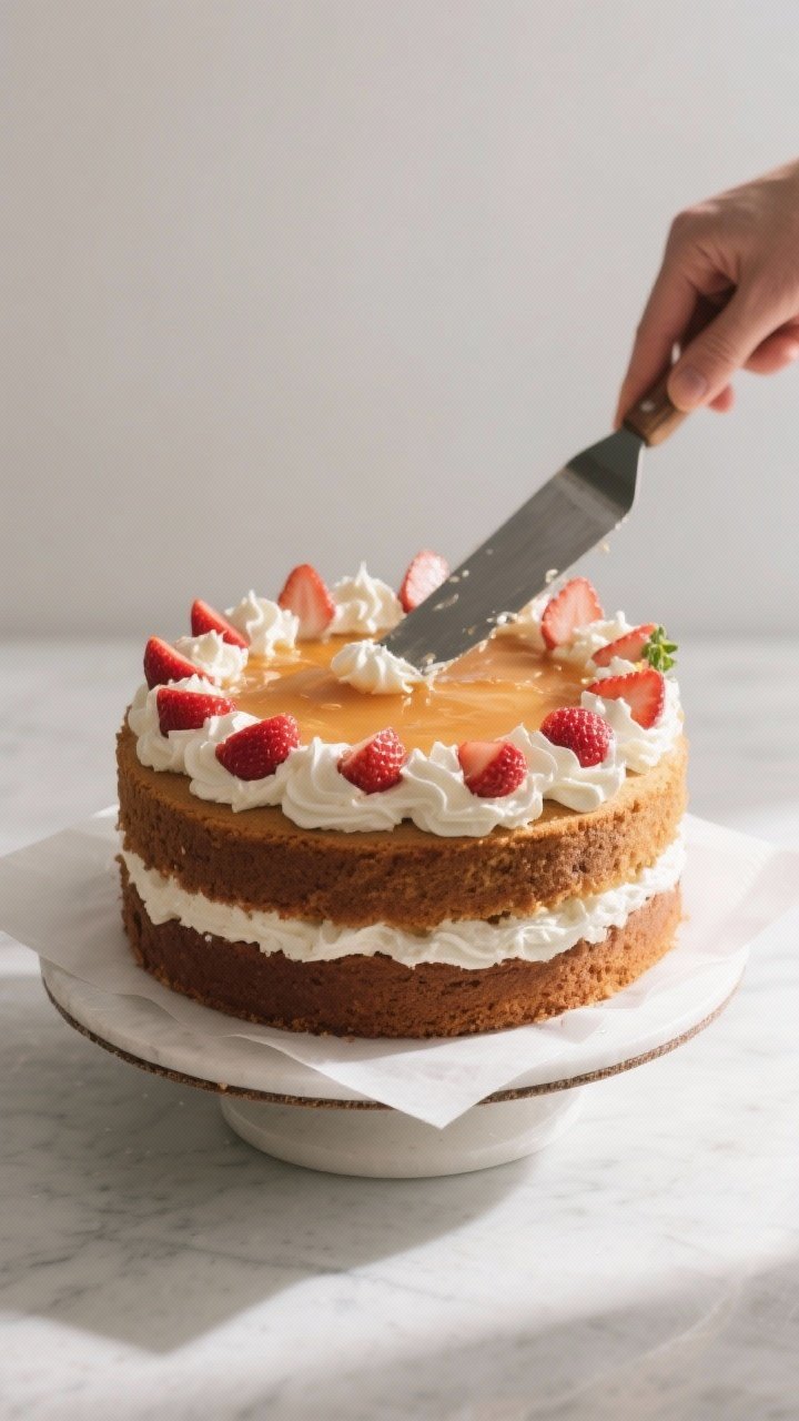 Cooking process: Leveling and layering the cooled cake—first layer on a cake stand being brushed w