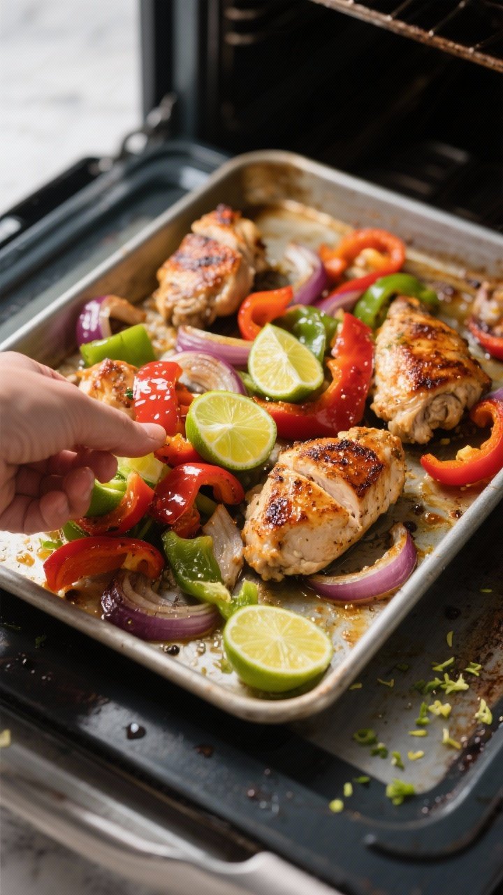 Cooking process: Overhead shot of a hot sheet pan just pulled from a 425°F oven, cooked chicken, pe