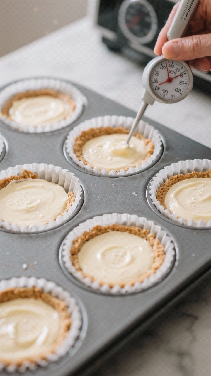 Cooking process: Overhead shot of a muffin pan lined with paper liners, each cup filled 3/4 with sil