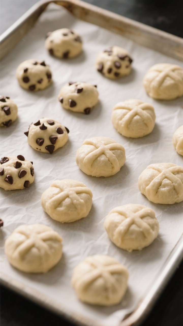 Cooking process: Overhead shot of a parchment-lined baking sheet with evenly spaced dough balls pres