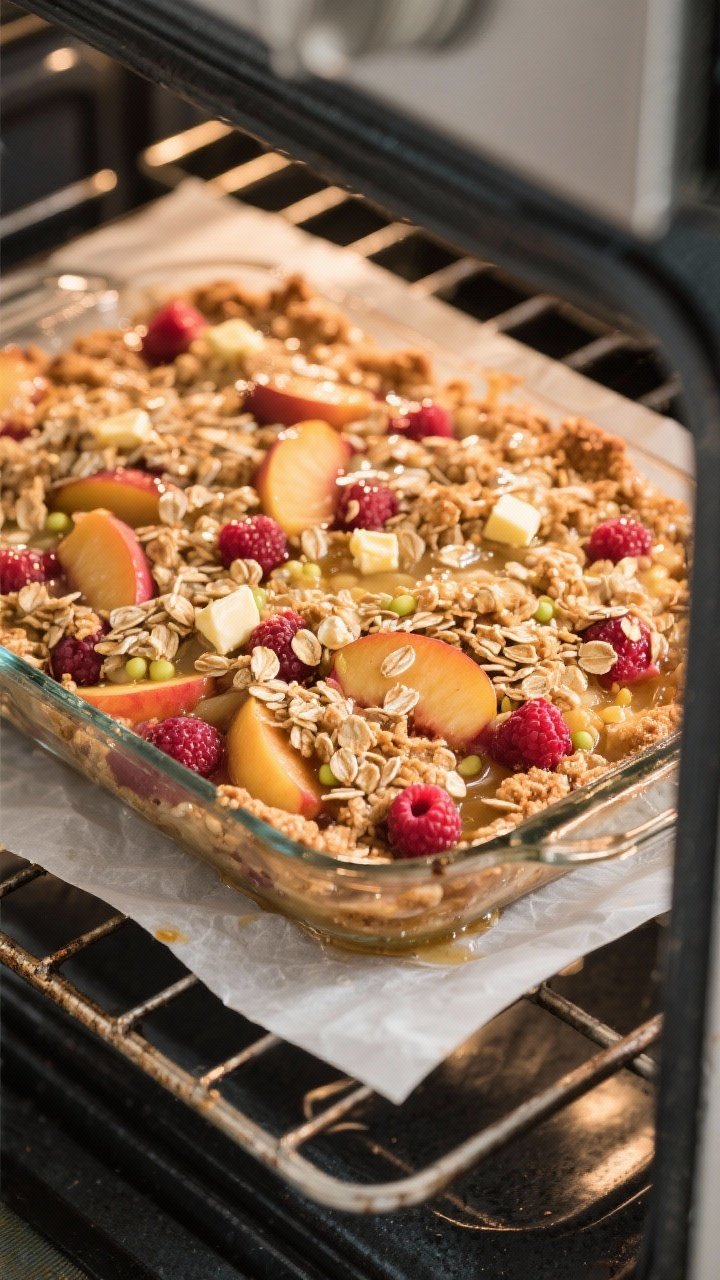 Cooking process: Overhead shot of a peach and raspberry crisp mid-bake on an oven rack, the topping 