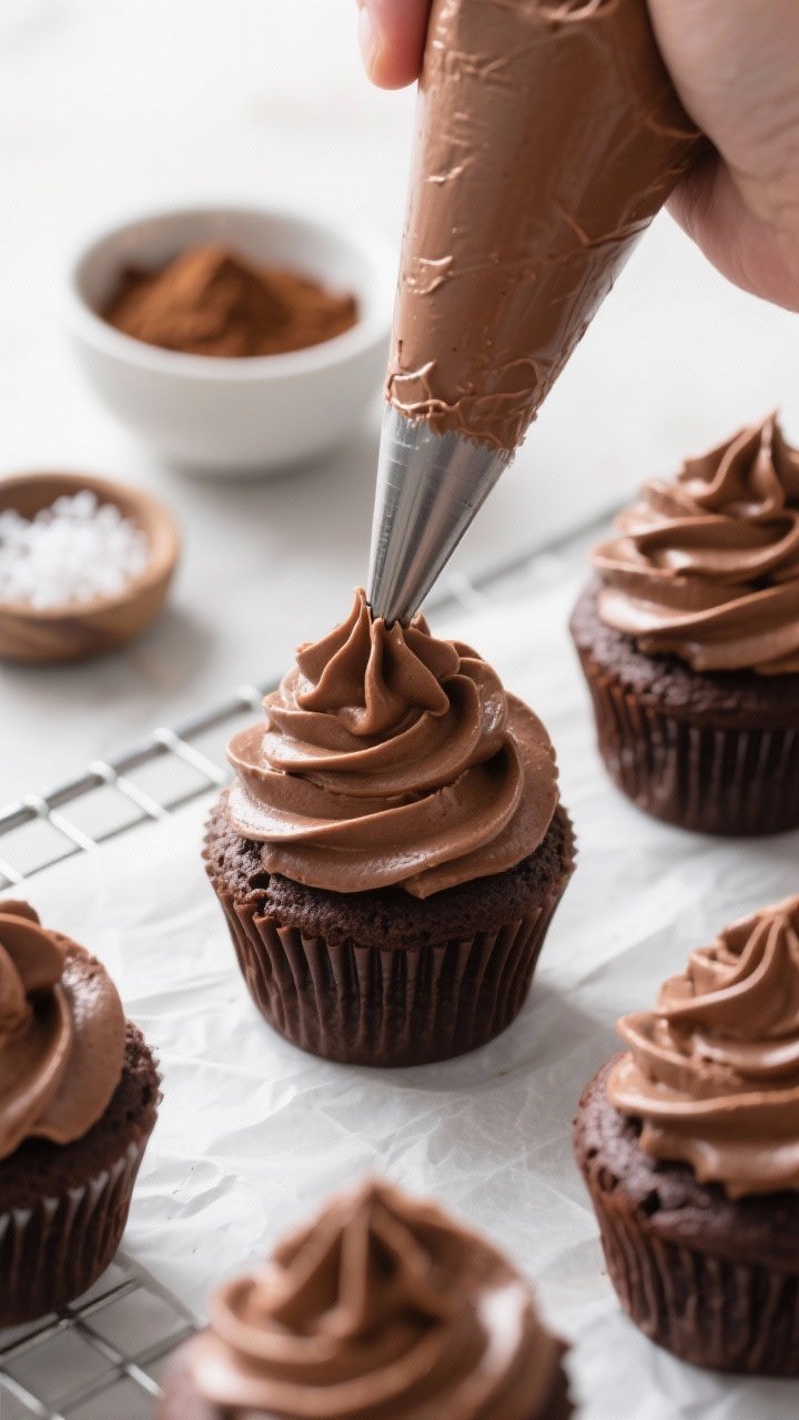 Cooking process: Overhead shot of chocolate buttercream being piped onto cooled chocolate cupcakes, 