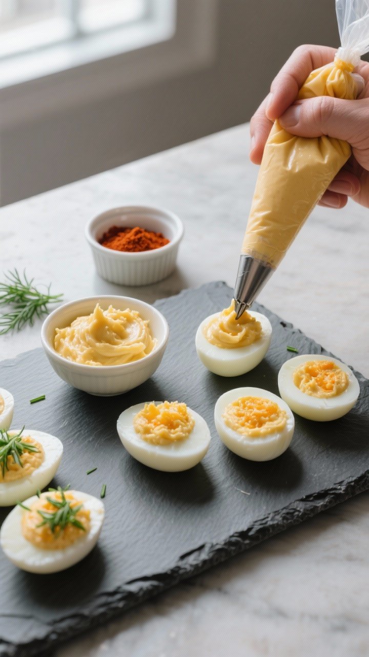 Cooking process: Overhead shot of deviled egg assembly on a cool slate board—neatly arranged peele