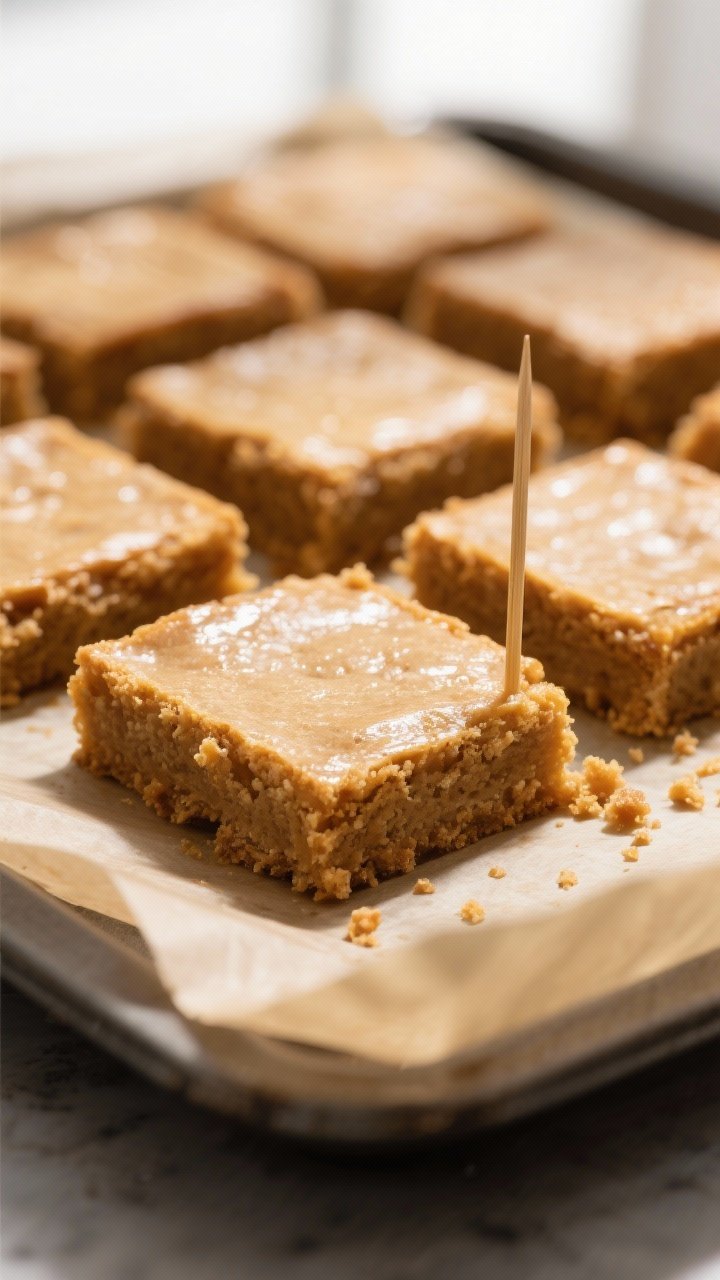 Cooking process: Overhead shot of freshly baked blondies just out of the oven, set golden edges and 