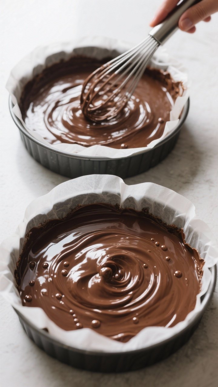 Cooking process: Overhead shot of glossy chocolate batter being whisked after hot coffee has been st
