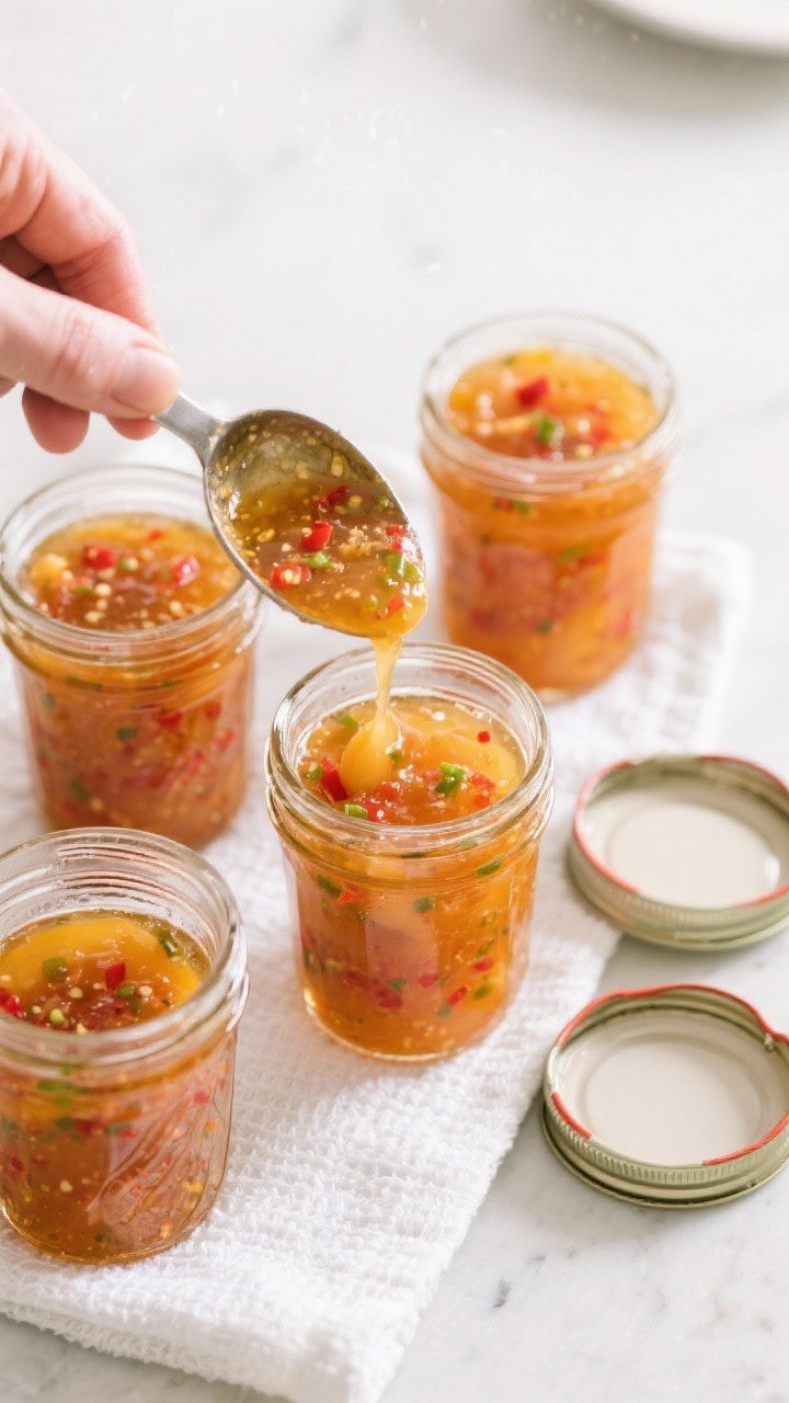 Cooking process: Overhead shot of hot peach pepper jam being ladled into warm, sterilized glass jars