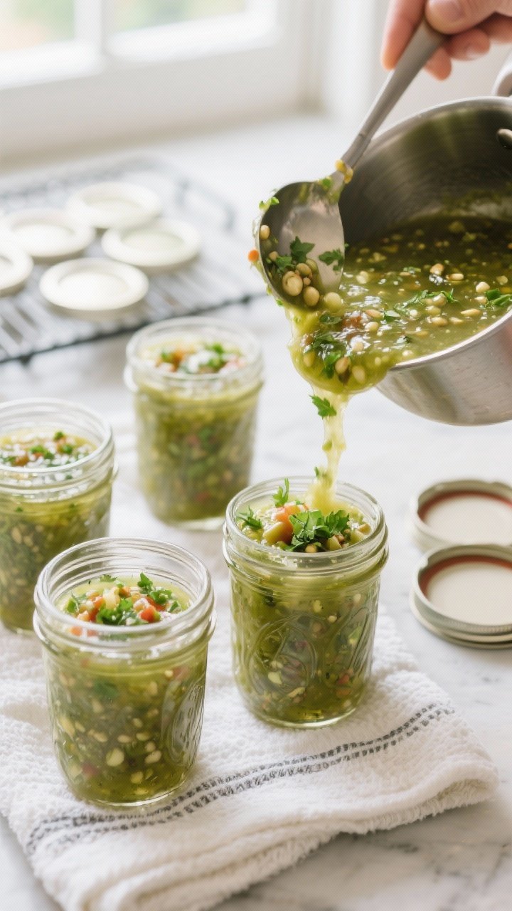 Cooking process: Overhead shot of hot salsa being ladled into sterilized half-pint jars on a clean t