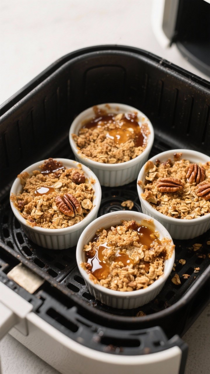 Cooking process: Overhead shot of individual ramekins inside an air fryer basket at the 12-minute ma