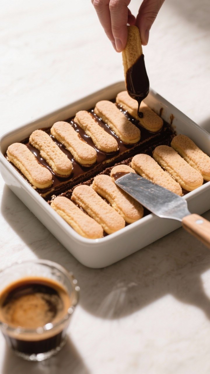 Cooking process: Overhead shot of ladyfingers being dipped and layered in a 9x9-inch dish—first la
