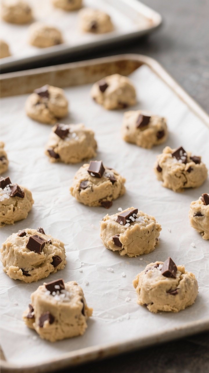 Cooking process: Overhead shot of portioned cookie dough mounds (2-tablespoon scoops) spaced evenly 