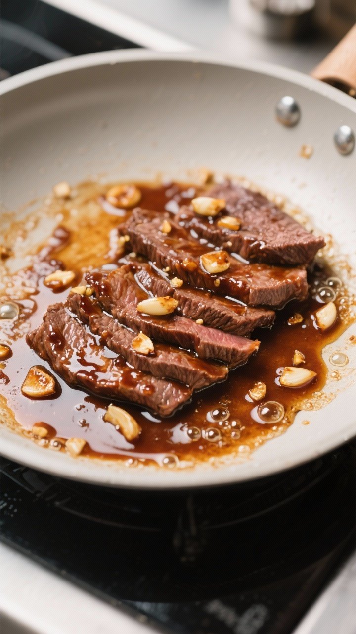 Cooking process: Overhead shot of saucy version beef tapa just after deglazing—pan fond dissolved 