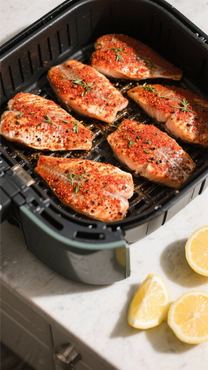 Cooking process: Overhead shot of seasoned tilapia fillets arranged in a single layer inside an air 