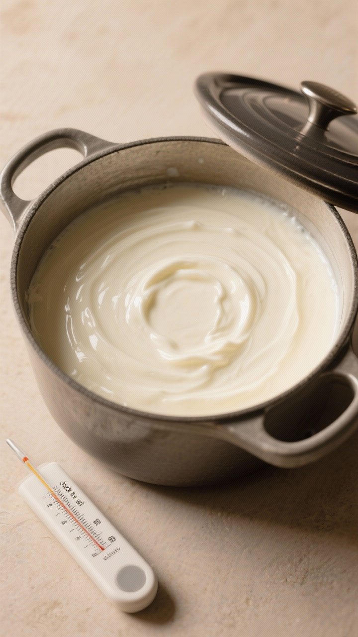Cooking process: Overhead shot of set yogurt in a heavy pot after fermentation, showing a unified ji