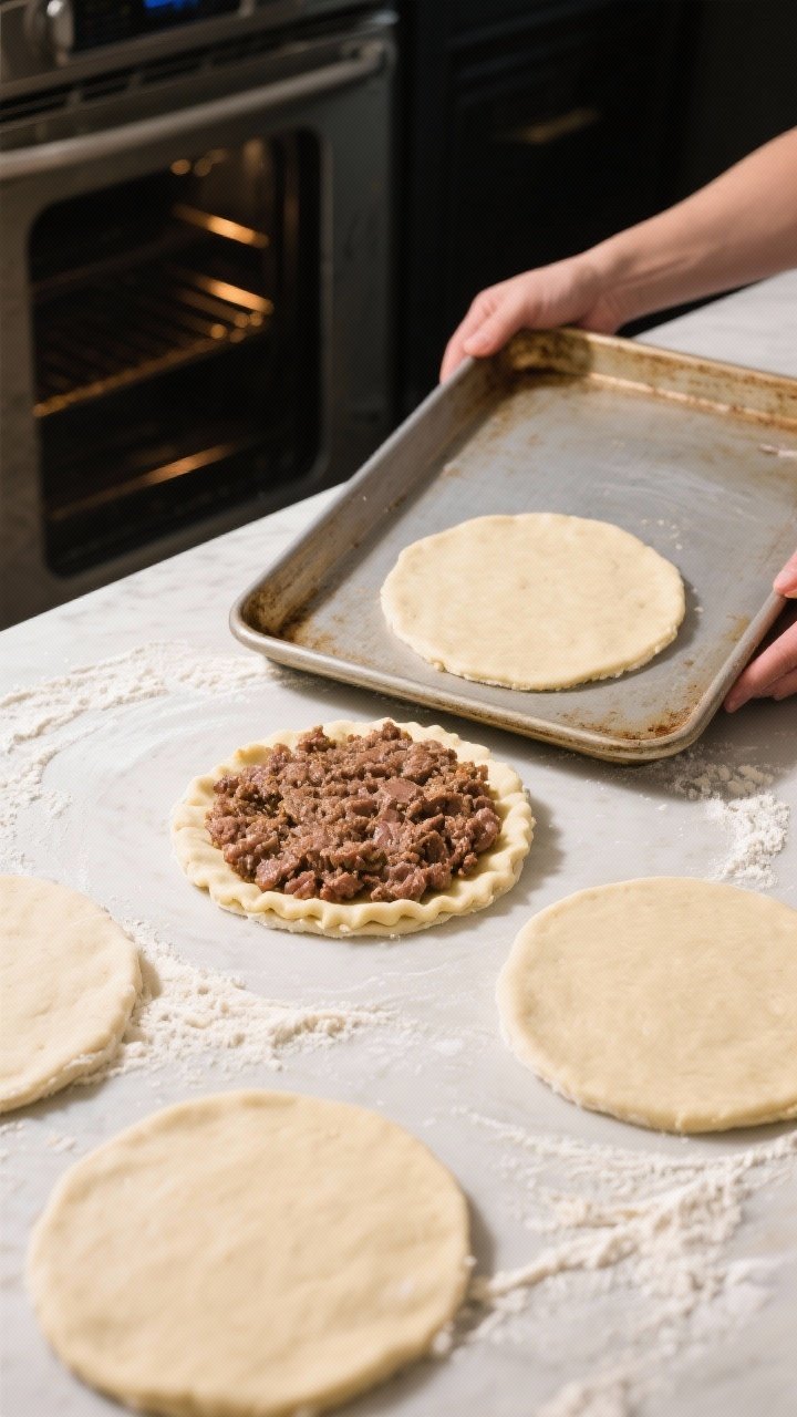 Cooking process: Overhead shot of shaped dough rounds on a lightly floured surface with the meat top