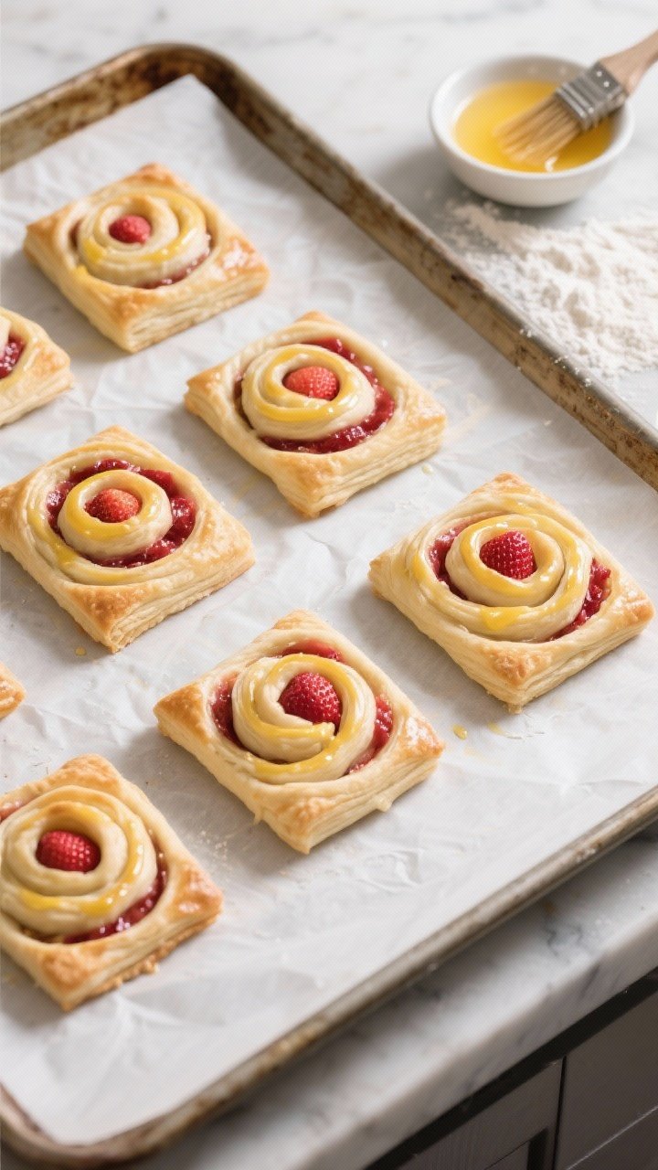 Cooking process: Overhead shot of shaped, proofed Danishes on a parchment-lined tray just before bak